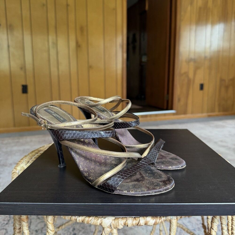 Louis Vuitton Brown Python And Metallic Gold Leather Strappy Sandals Size 39 - Picture 3 of 16